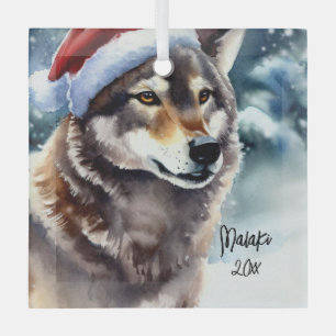 Beautiful Wolf in Snow Glass Tree Decoration