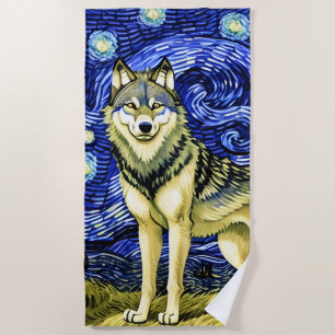 Beautiful Wolf in the Starry Night Beach Towel