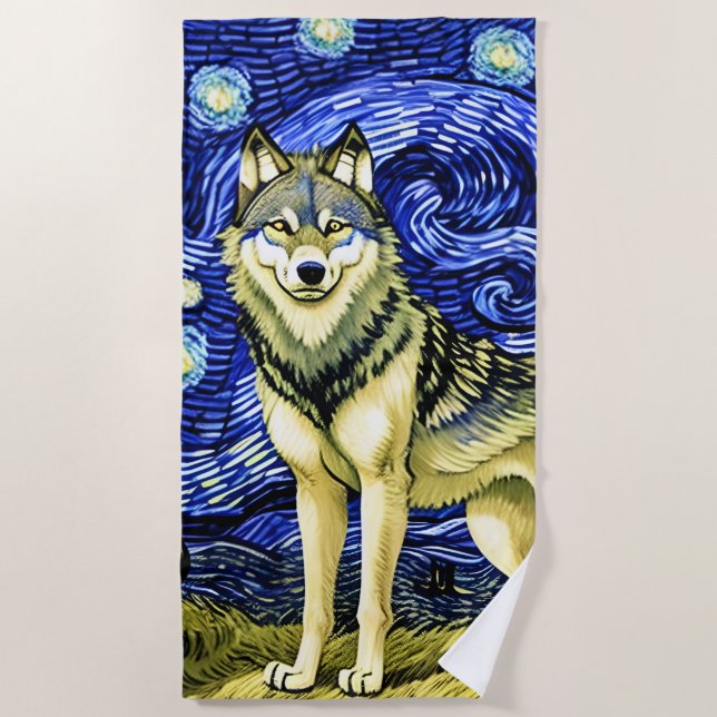 Beautiful Wolf in  the Starry Night Beach Towel (Front)