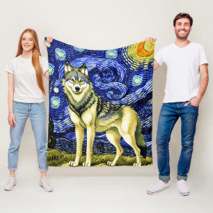 Beautiful Wolf in  the Starry Night Fleece Blanket