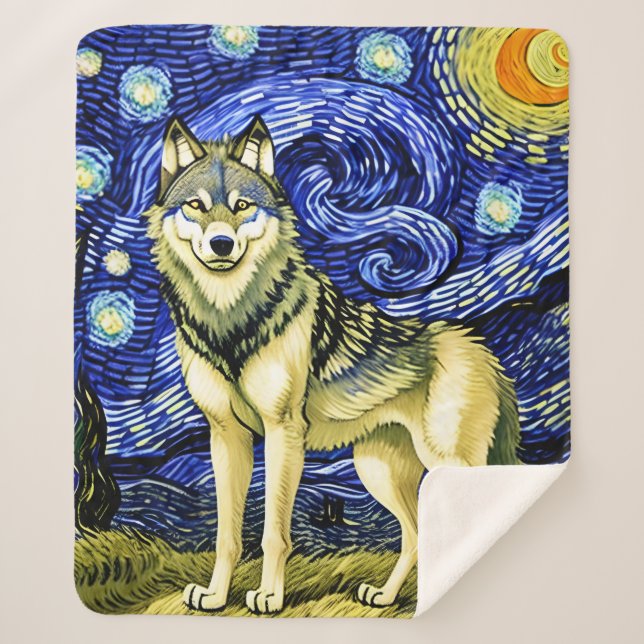 Beautiful Wolf in  the Starry Night Sherpa Blanket (Front)