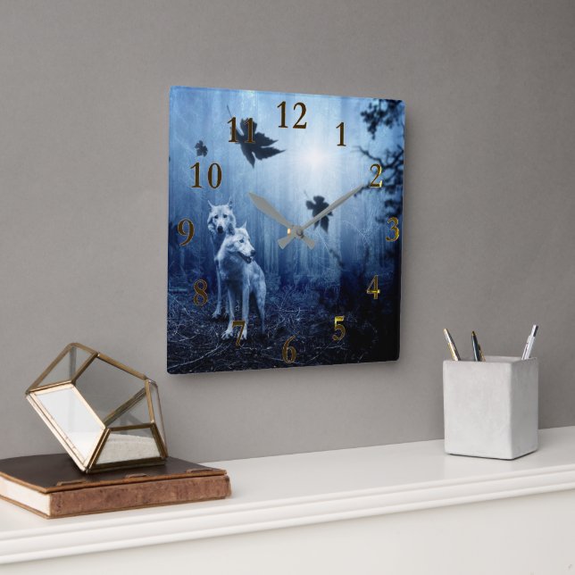 Beautiful Wolf Spirit Animal Forest Square Wall Clock (Office)