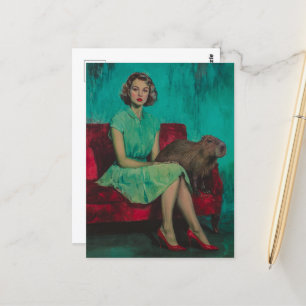 Beautiful Woman and Capybara on the couch Postcard