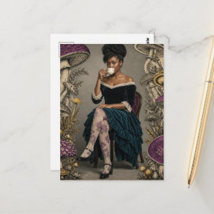 Beautiful Woman Drinks Tea Purple Retro Mushrooms Postcard