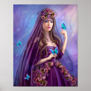 Beautiful woman fairy and blue butterflies. Famtas Poster