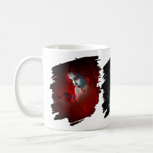 Beautiful woman holding a rose coffee mug