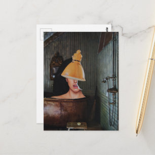 Beautiful woman in copper bathtub surreal collage postcard