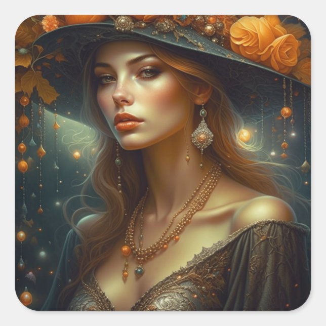 Beautiful Woman in Hat Ethereal Ai Art Square Sticker (Front)