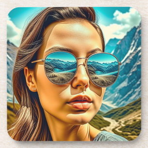 Beautiful Woman in Sunglasses Mountain Reflectoin Coaster