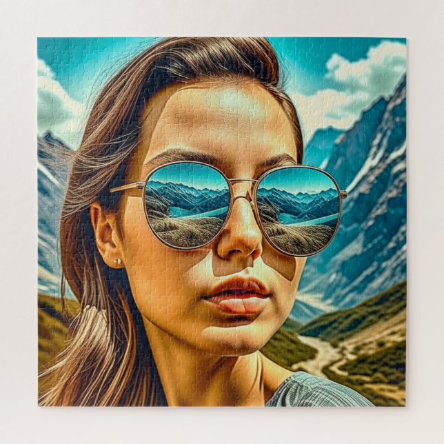 Beautiful Woman in Sunglasses Mountain Reflectoin Jigsaw Puzzle (Vertical)