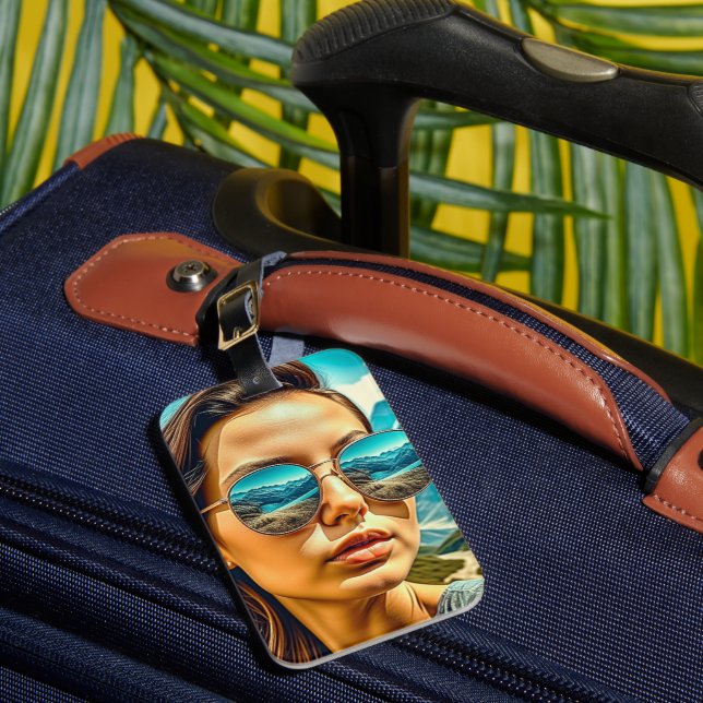 Beautiful Woman in Sunglasses Mountain Reflectoin Luggage Tag (Front Insitu 1)