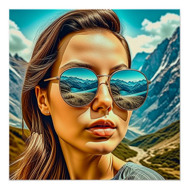 Beautiful Woman in Sunglasses Mountain Reflectoin Poster (Front)