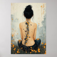 Beautiful Woman, Ink, Wildflowers and Butterflies