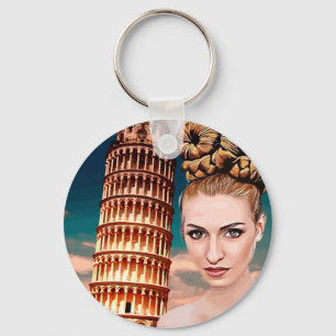 Beautiful woman leaning tower of pisa abstract art key ring