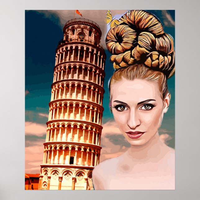 Beautiful woman leaning tower of pisa abstract art poster (Front)