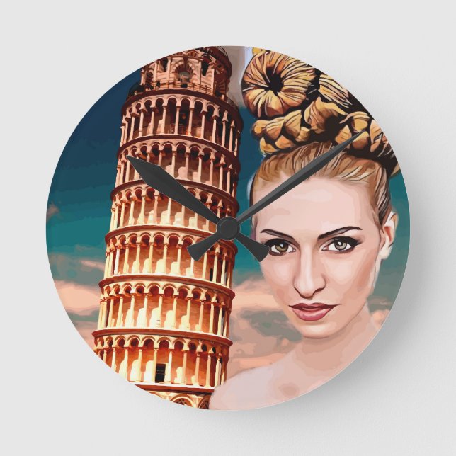Beautiful woman leaning tower of pisa abstract art round clock (Front)