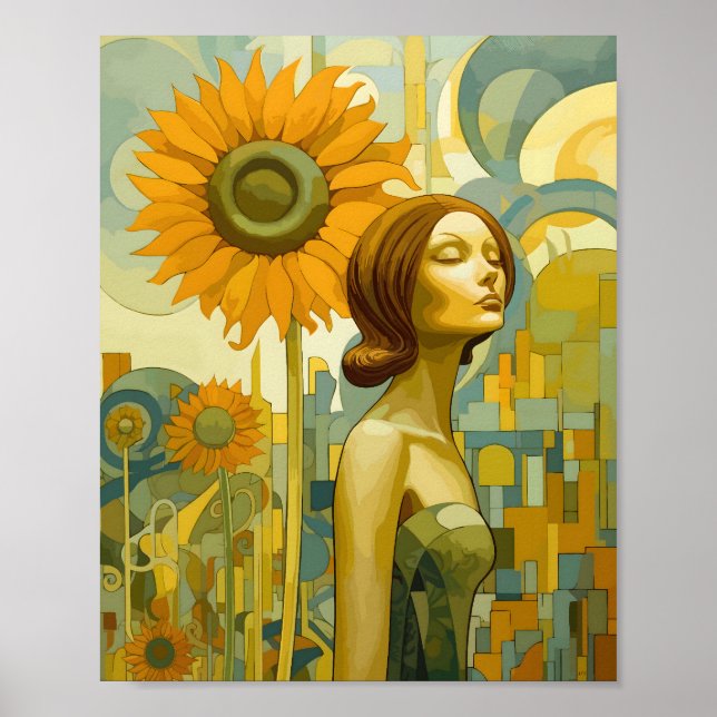 Beautiful Woman Looking To The Sky Sunflower Poster (Front)
