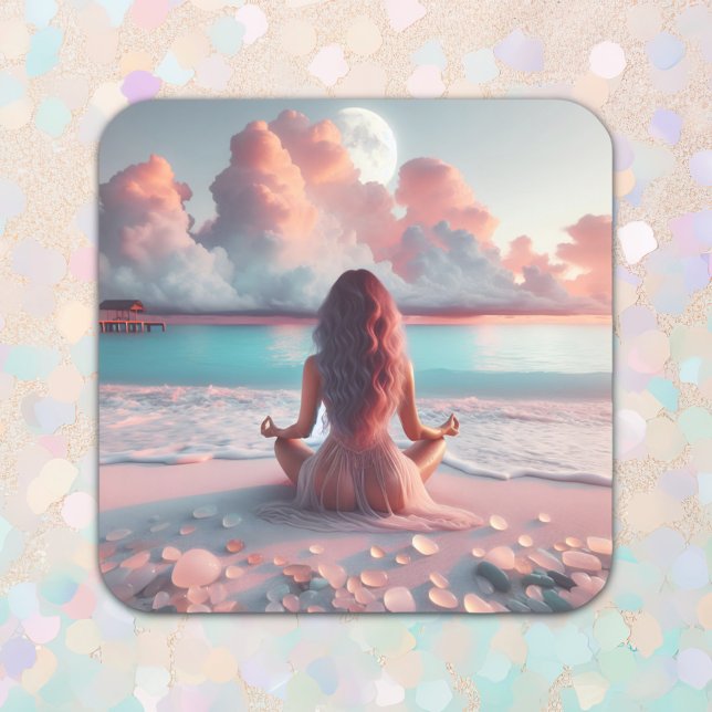 Beautiful Woman Meditating on Beach Blank Square Sticker (Creator Uploaded)