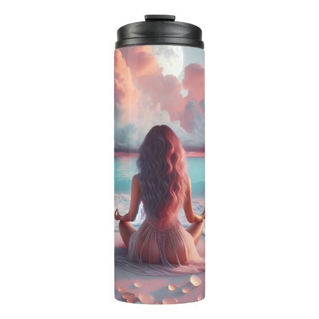 Beautiful Woman Meditating on Beach Blank Thermal Tumbler (Front)