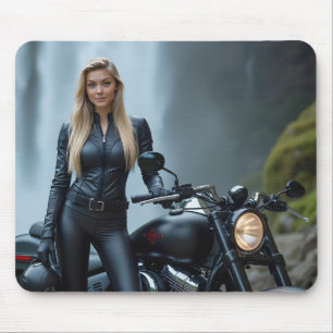 Beautiful Woman Next to Motorcycle Waterfall Mouse Pad