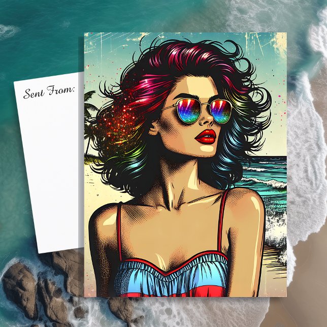 Beautiful Woman on Beach Comic Book Pop Art Postcard (Creator Uploaded)