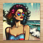 Beautiful Woman on Beach Comic Book Pop Art Poster<br><div class="desc">Pretty ai generated image of a pretty lady on the beach wearing sunglasses with an ocean beach background comic book style pop art.</div>