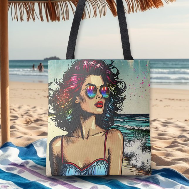 Beautiful Woman on Beach Comic Book Pop Art Tote Bag (Creator Uploaded)
