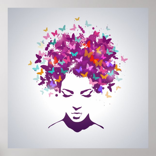 Beautiful woman portrait with butterfly hair poster (Front)