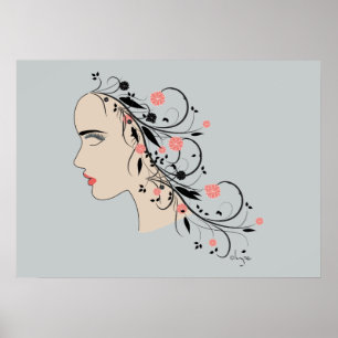 Beautiful Woman Profile with flowers and swirls Poster