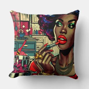 Beautiful Woman Putting on Lipstick in Kitchen Cushion