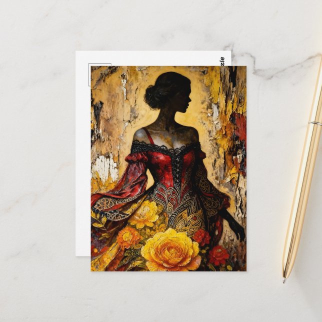 Beautiful Woman Red Dress Yellow Roses Postcard (Front/Back In Situ)