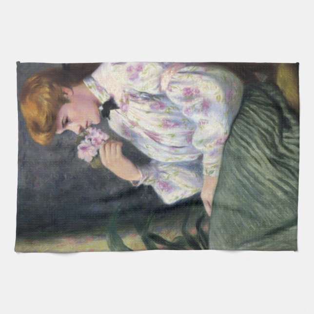 Beautiful Woman Smelling Flowers' Scent (Reverie) Tea Towel (Horizontal)