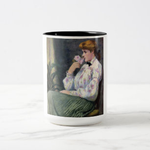 Beautiful Woman Smelling Flowers' Scent (Reverie) Two-Tone Coffee Mug