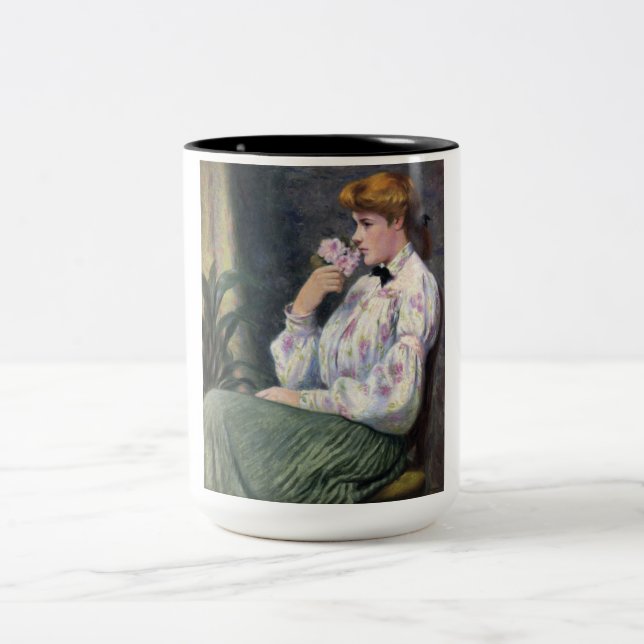 Beautiful Woman Smelling Flowers' Scent (Reverie) Two-Tone Coffee Mug (Center)