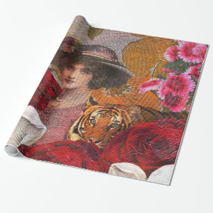 Beautiful Woman Tiger Rose Garden Wrapping Paper