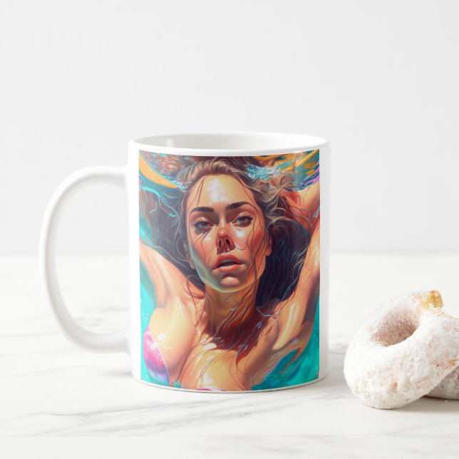 Beautiful Woman Under Water AI Art Coffee Mug (With Donut)