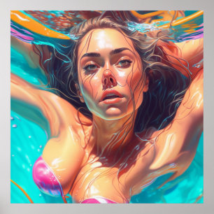 Beautiful Woman Under Water AI Art Poster