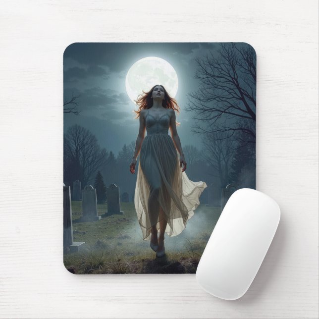Beautiful Woman Walking In a Moonlit Cemetery Mouse Pad (With Mouse)