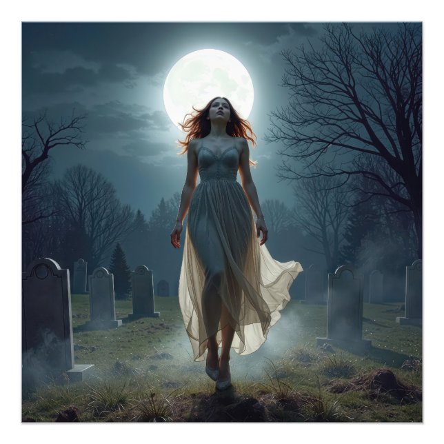 Beautiful Woman Walking In a Moonlit Cemetery Photo Print (Front)