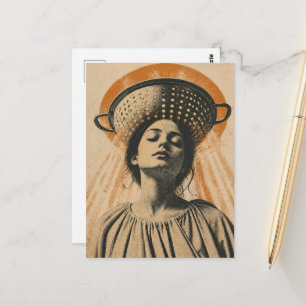 beautiful woman with a colander hat  postcard