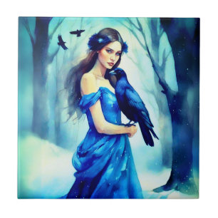 Beautiful Woman with a Raven, in a Snowy Forest Ceramic Tile