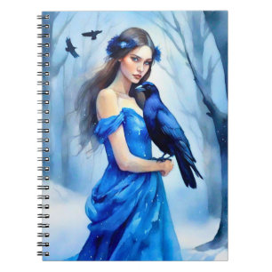 Beautiful Woman with a Raven, in a Snowy Forest Notebook