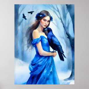Beautiful Woman with a Raven, in a Snowy Forest Poster