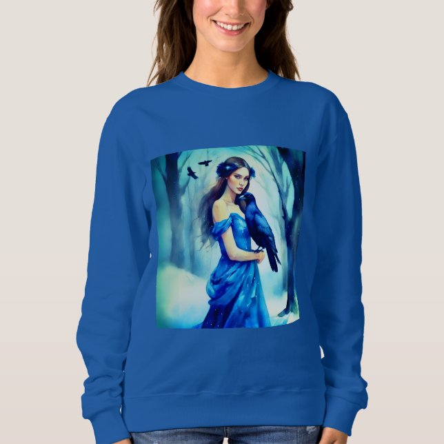 Beautiful Woman with a Raven, in a Snowy Forest Sweatshirt (Front)