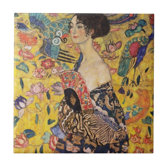 Beautiful Woman with Fan by Klimt Ceramic Tile (Front)