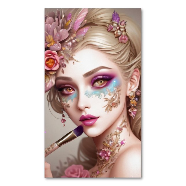 Beautiful Woman with Flowers Magnetic Business Card (Front Vertical)