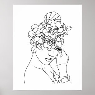 Beautiful Woman With Flowers On Head Line Art Poster