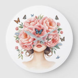 Beautiful Woman with Giant Pink Roses and Butterfl Large Clock