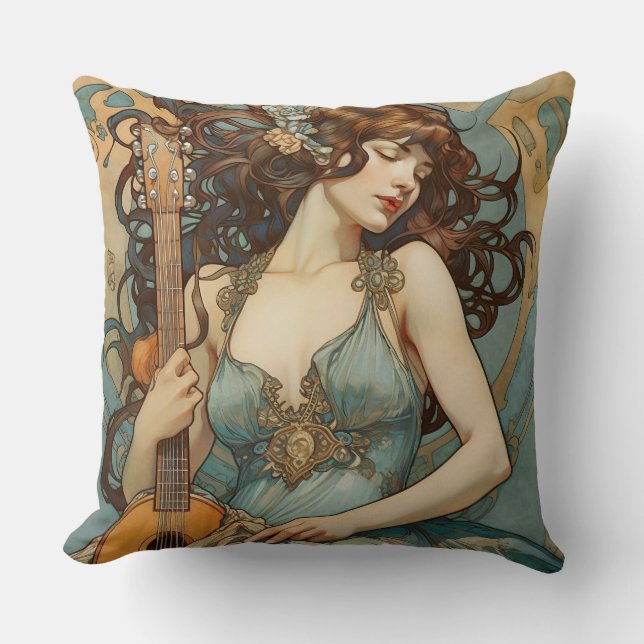 Beautiful Woman With Guitar Art Nouveau Pillow (Front)
