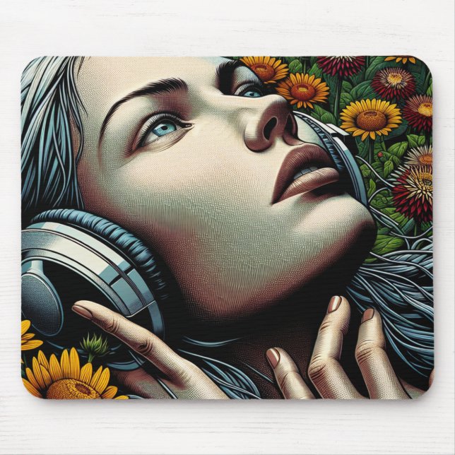 Beautiful Woman with Headphones in Sunflowers Mouse Pad (Front)